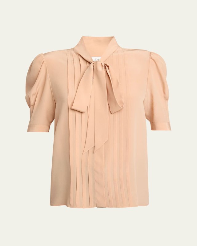 Neck-Tie Pleated Puff-Sleeve Silk Top